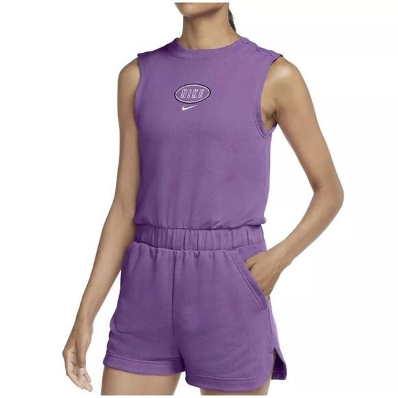 Nike Womens Varsity Shorts Romper Plus 3X Stretch Cotton Terry‎ Purple Nebula - Picture 1 of 12